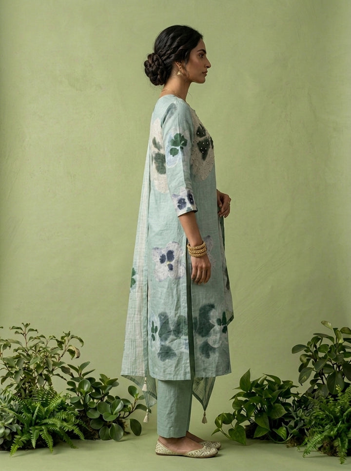 Mint Linen Floral Printed Three Piece Set
