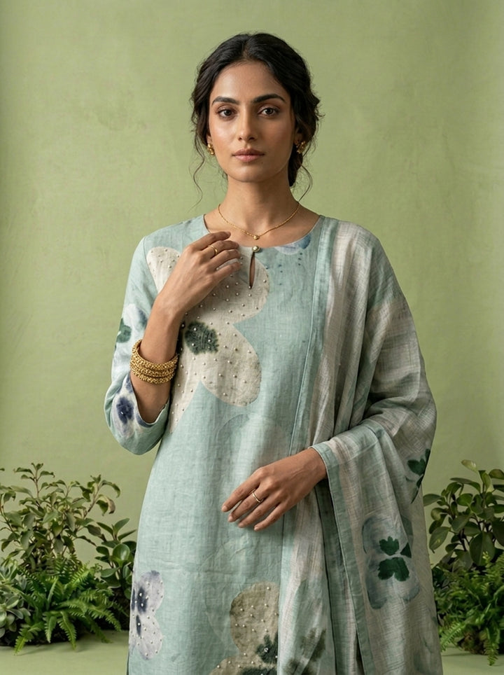 Mint Linen Floral Printed Three Piece Set