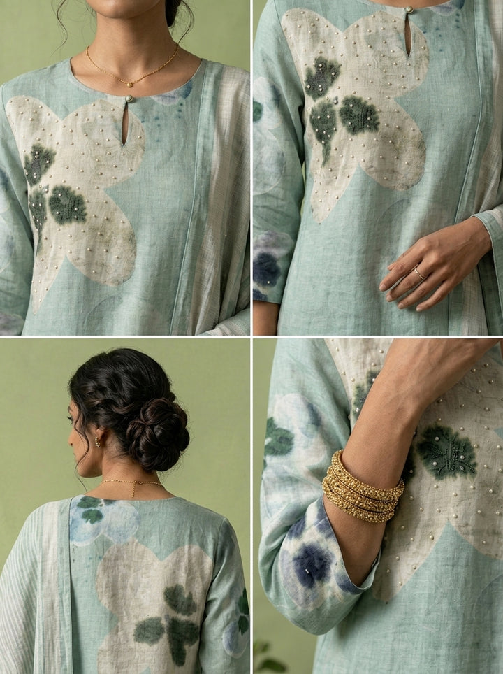 Mint Linen Floral Printed Three Piece Set
