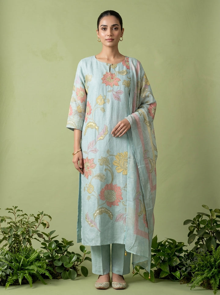 Aqua Cotton Floral Printed Three Piece Set