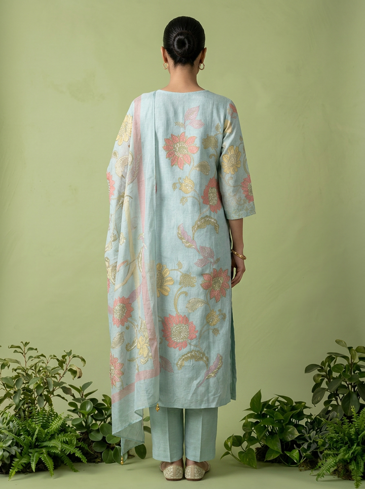 Aqua Cotton Floral Printed Three Piece Set