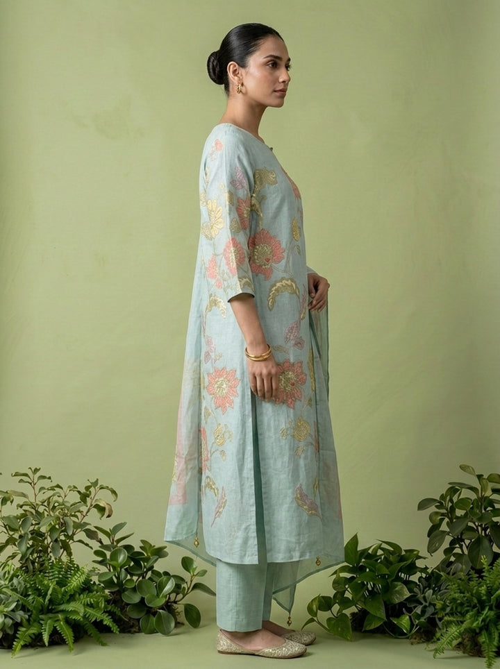 Aqua Cotton Floral Printed Three Piece Set