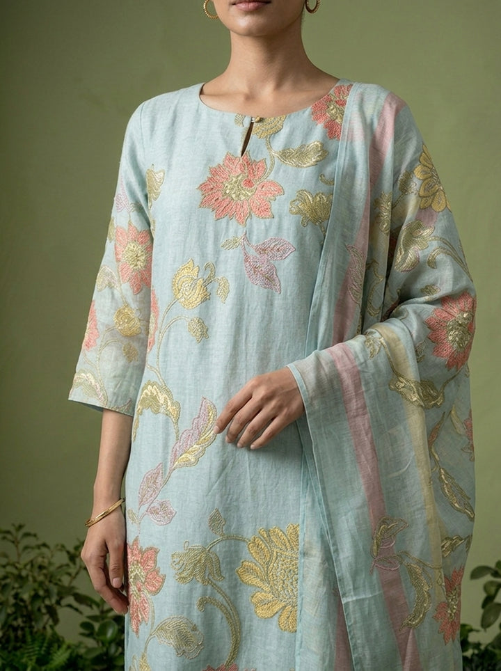Aqua Cotton Floral Printed Three Piece Set