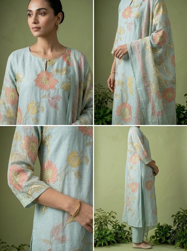 Aqua Cotton Floral Printed Three Piece Set