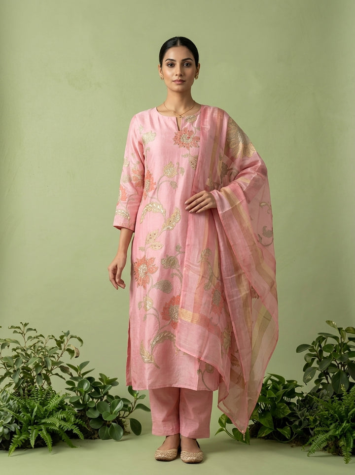 Peach Cotton Floral Printed Three Piece Set