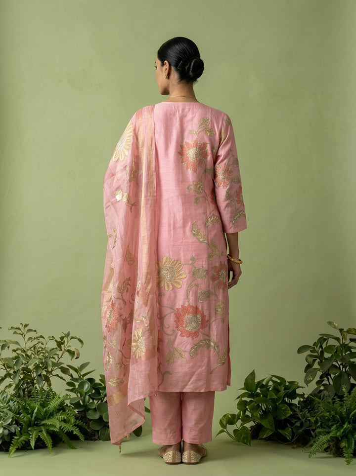 Peach Cotton Floral Printed Three Piece Set