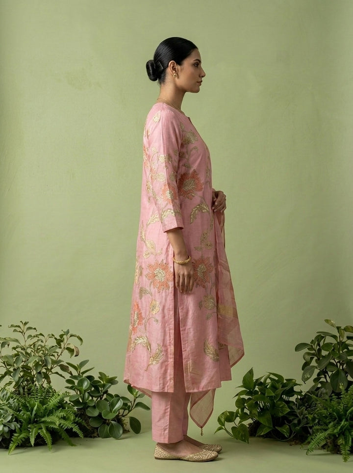 Peach Cotton Floral Printed Three Piece Set