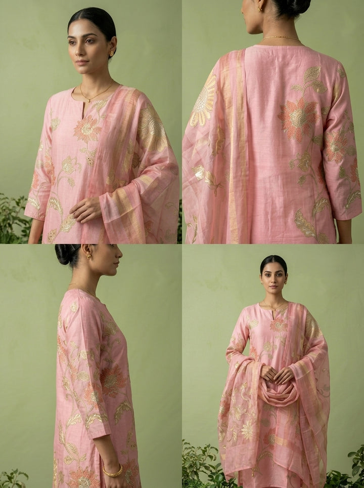 Peach Cotton Floral Printed Three Piece Set