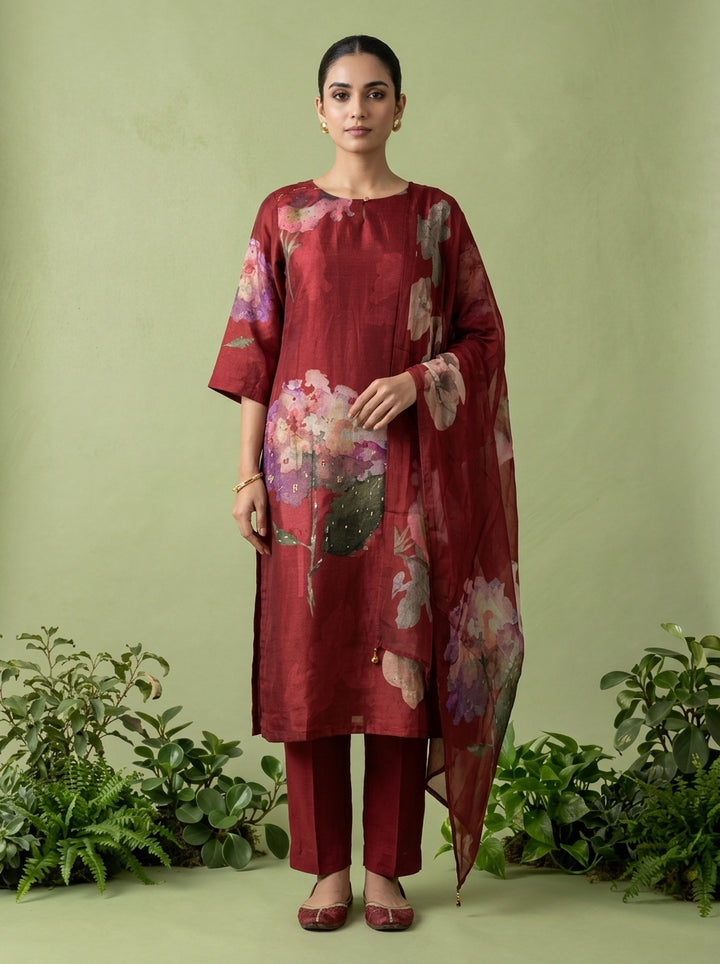 Maroon Muslin Floral Digital Printed Three Piece Set