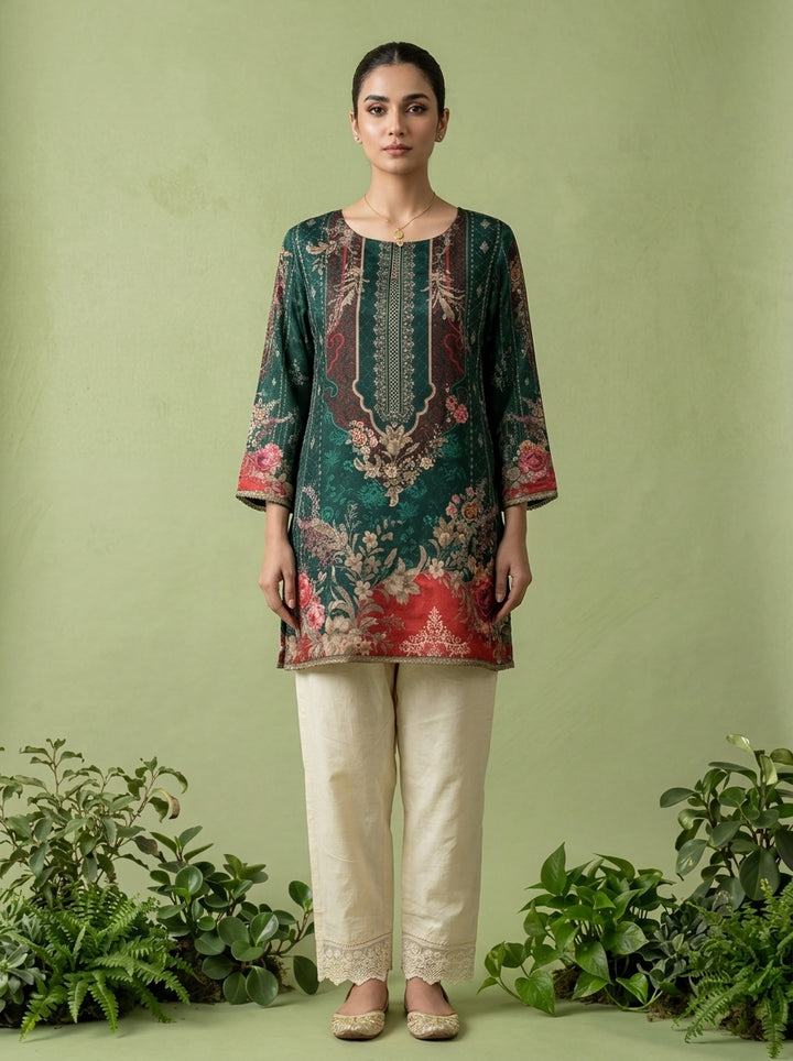 Bottle Green Crepe Digital Printed Kurti