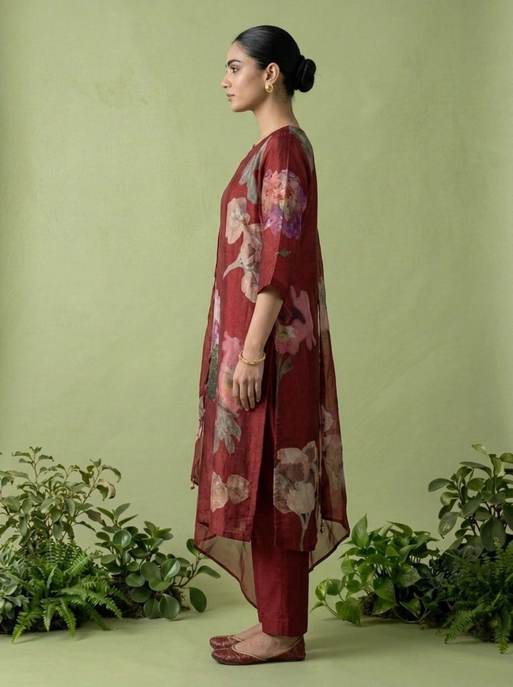 Maroon Muslin Floral Digital Printed Three Piece Set