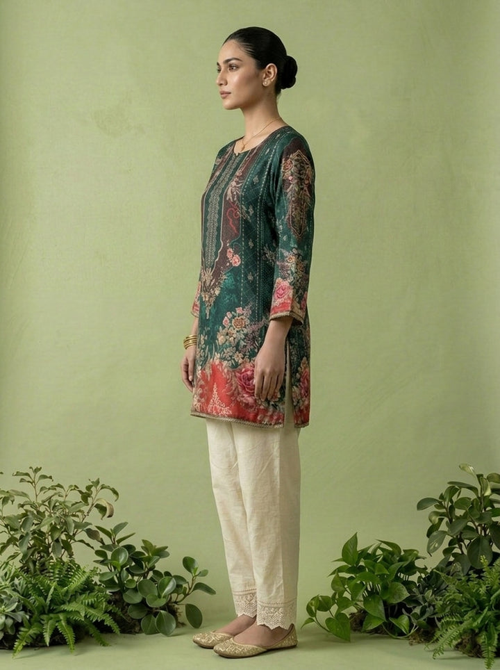 Bottle Green Crepe Digital Printed Kurti