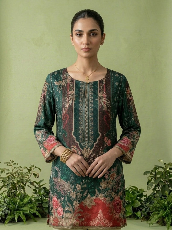 Bottle Green Crepe Digital Printed Kurti