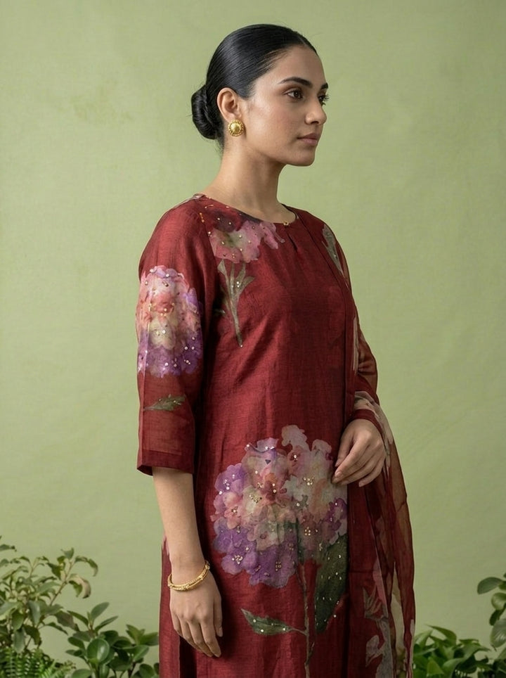 Maroon Muslin Floral Digital Printed Three Piece Set