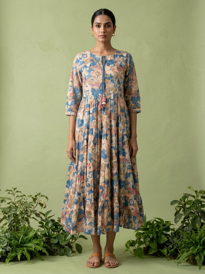 Blue Cotton Floral Printed Dress