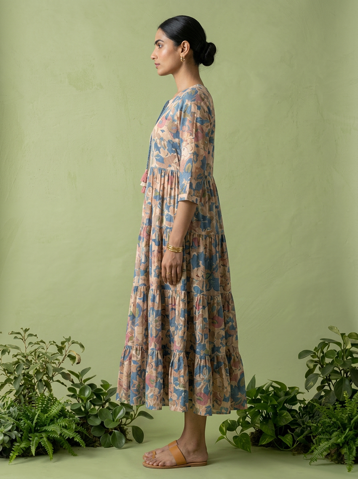 Blue Cotton Floral Printed Dress