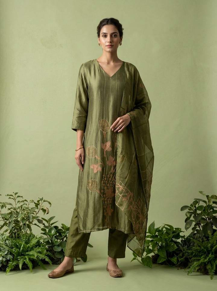 Olive Silk Beads Embroidered And Printed Three Piece Set