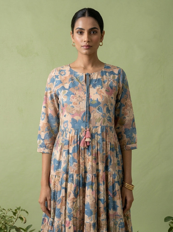 Blue Cotton Floral Printed Dress