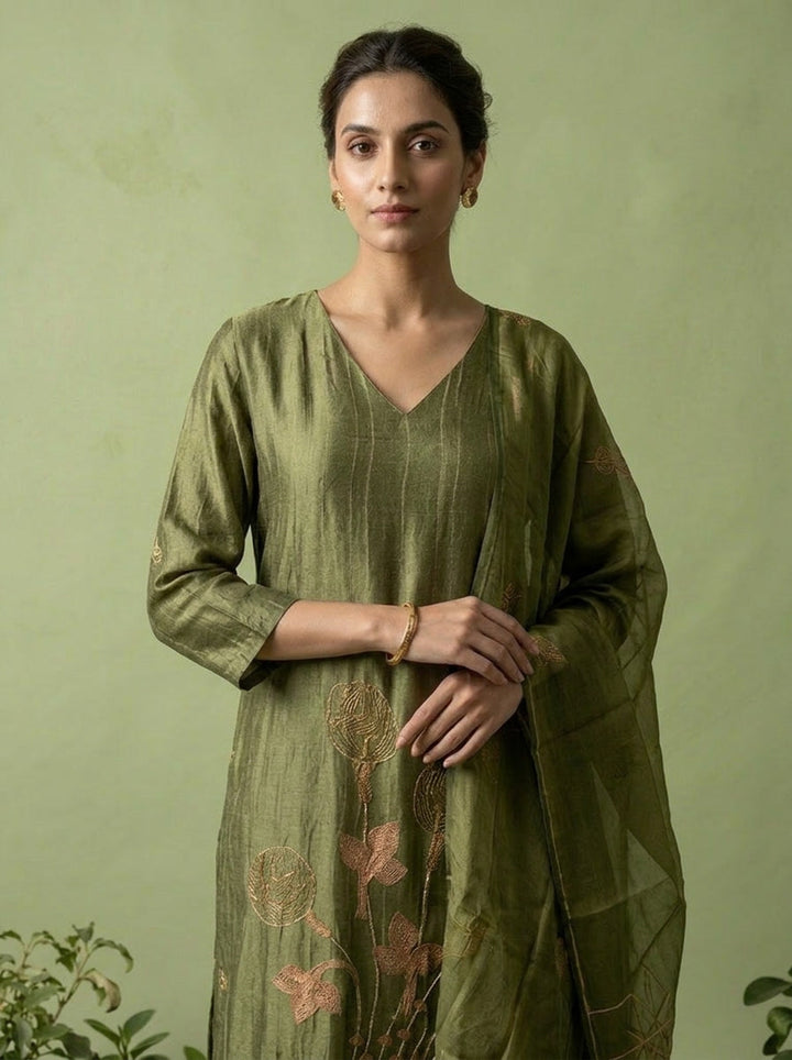 Olive Silk Beads Embroidered And Printed Three Piece Set