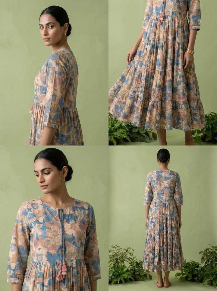 Blue Cotton Floral Printed Dress