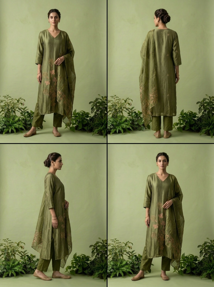 Olive Silk Beads Embroidered And Printed Three Piece Set