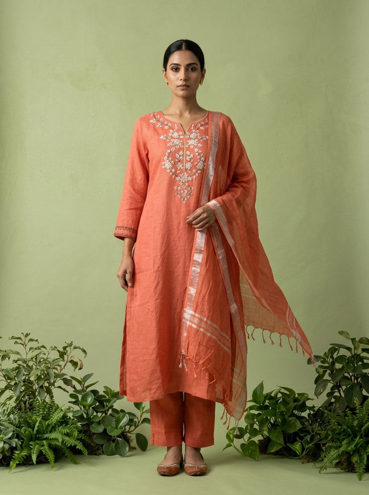 Coral Linen Thread Embroidery Three Piece Set