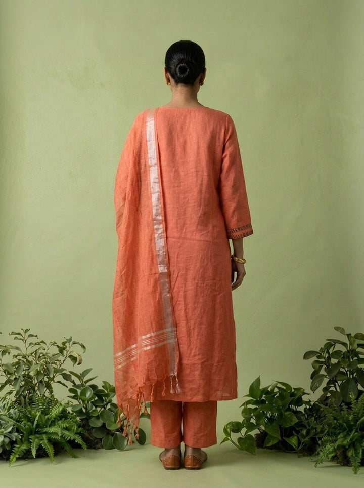 Coral Linen Thread Embroidery Three Piece Set