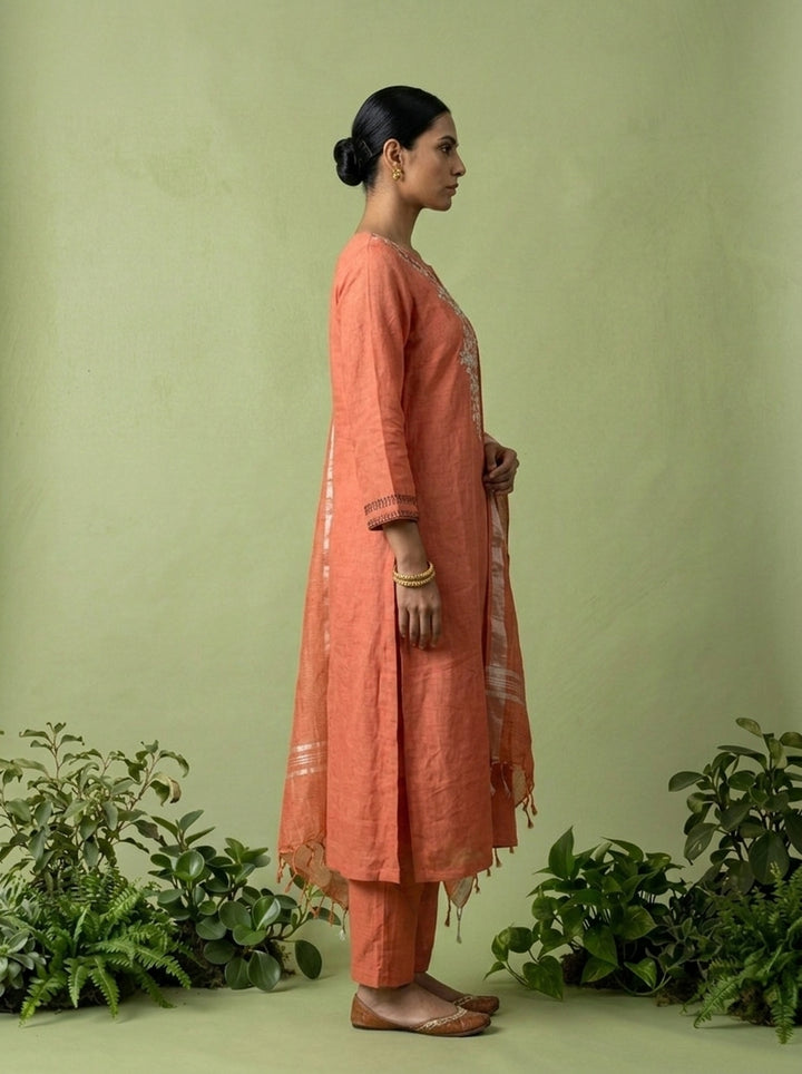Coral Linen Thread Embroidery Three Piece Set