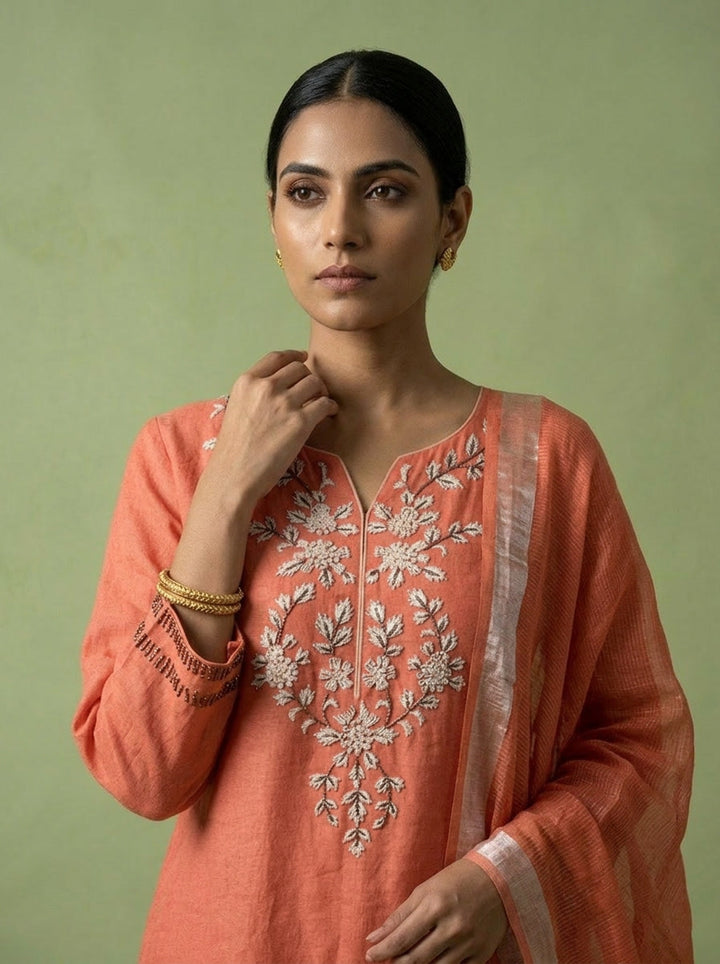 Coral Linen Thread Embroidery Three Piece Set