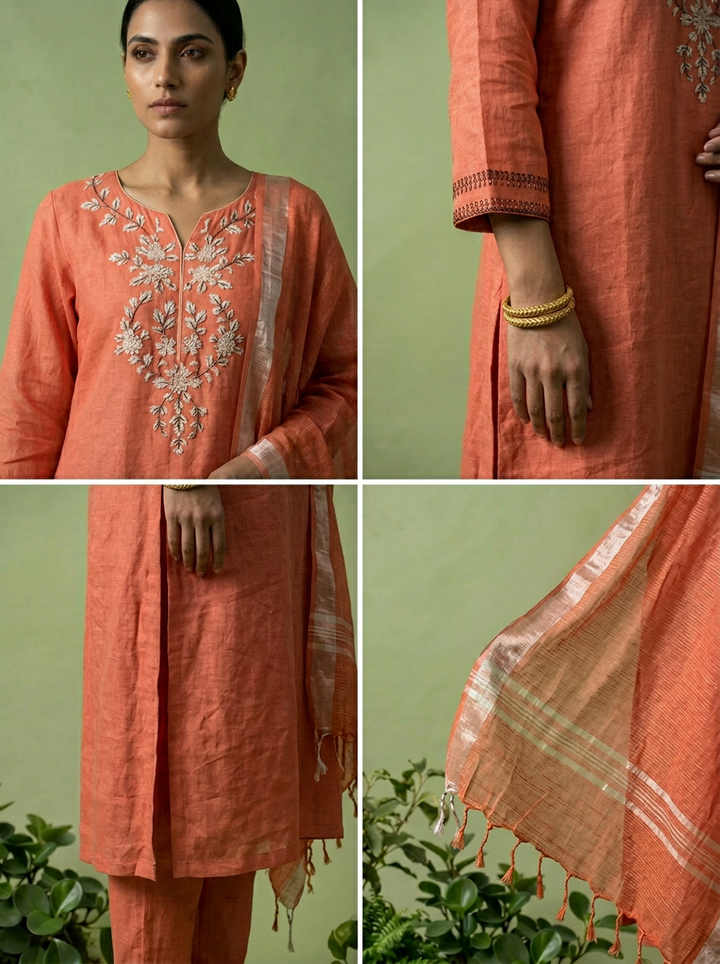 Coral Linen Thread Embroidery Three Piece Set
