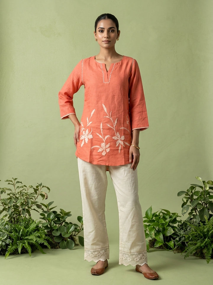 Orange Linen Floral Sequins Embroidery Kurti