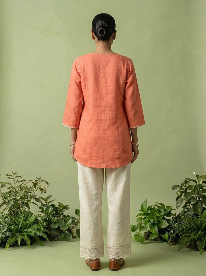 Orange Linen Floral Sequins Embroidery Kurti