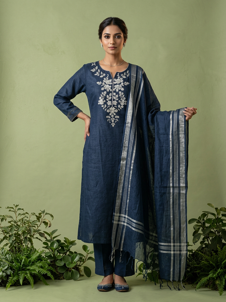 Navy Blue Linen Floral Thread Embroidery Three Piece Set