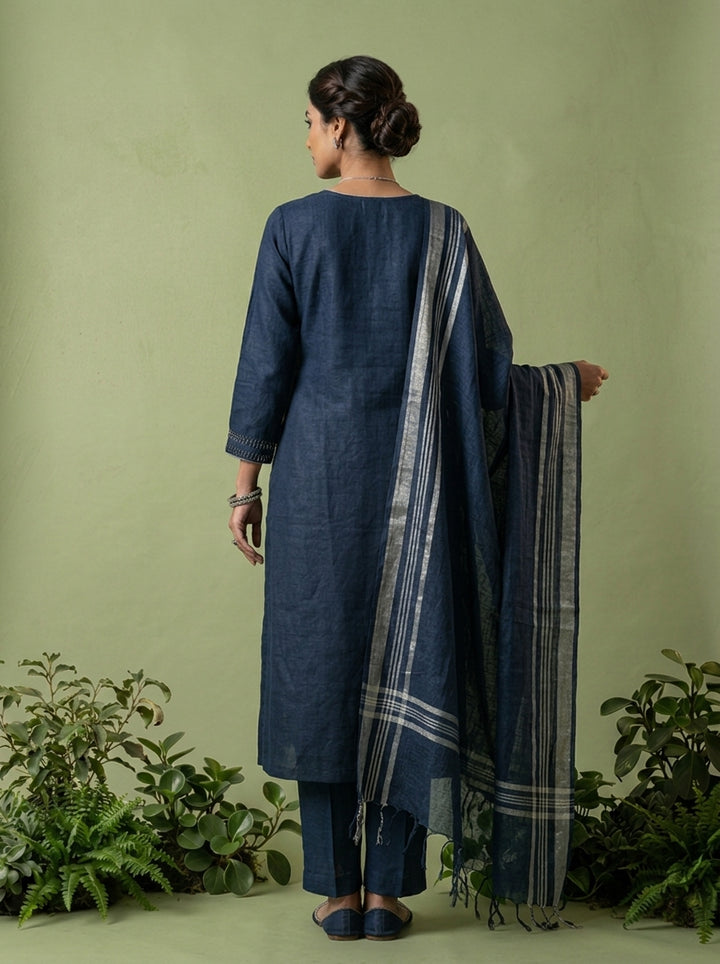 Navy Blue Linen Floral Thread Embroidery Three Piece Set