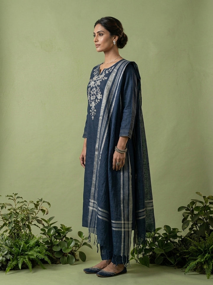 Navy Blue Linen Floral Thread Embroidery Three Piece Set