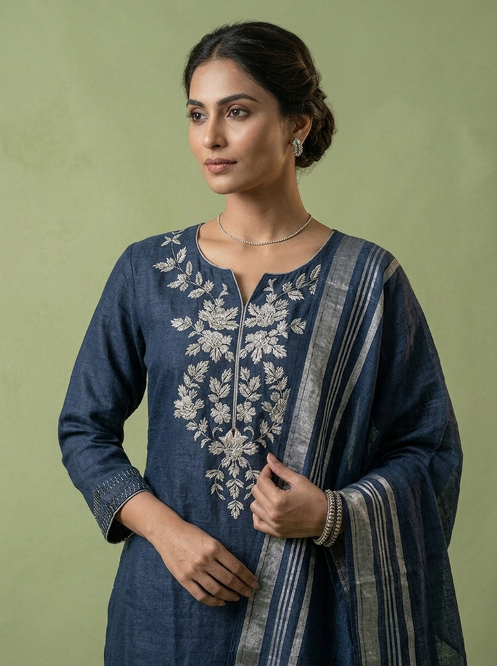 Navy Blue Linen Floral Thread Embroidery Three Piece Set
