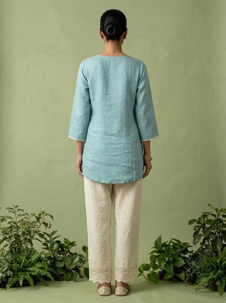 Aqua Linen Floral Sequins Embroidery Kurti