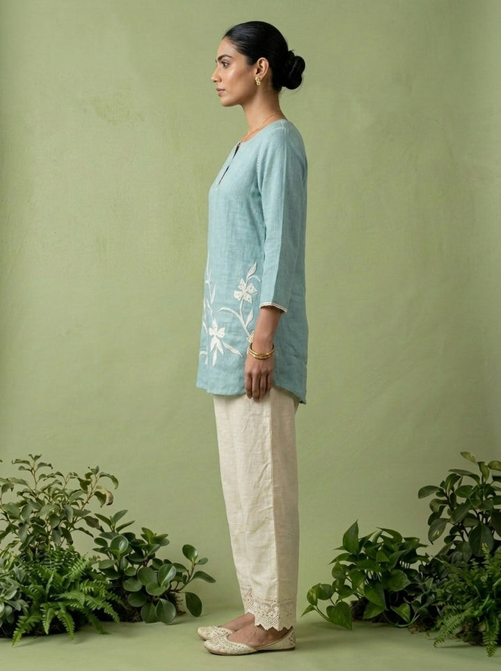 Aqua Linen Floral Sequins Embroidery Kurti