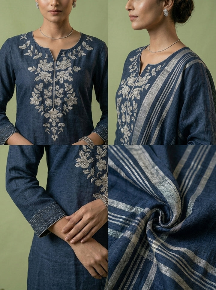 Navy Blue Linen Floral Thread Embroidery Three Piece Set