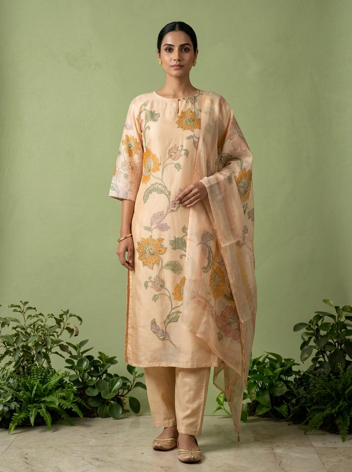 Cream Silk Floral Printed Three Piece Set