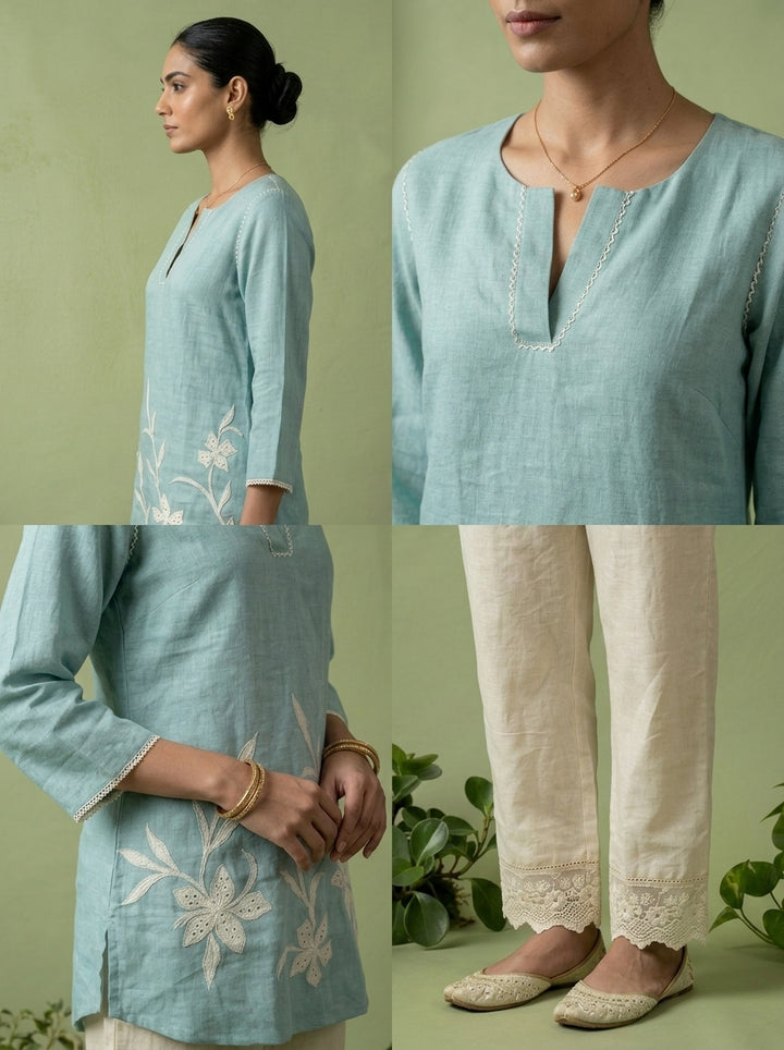 Aqua Linen Floral Sequins Embroidery Kurti