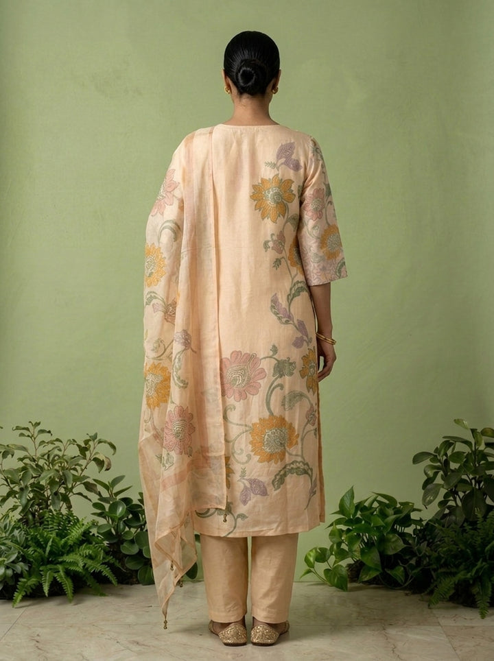 Cream Silk Floral Printed Three Piece Set