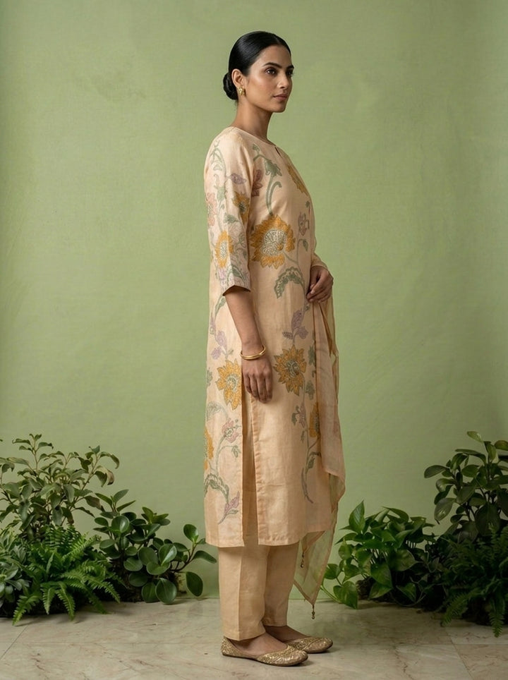 Cream Silk Floral Printed Three Piece Set