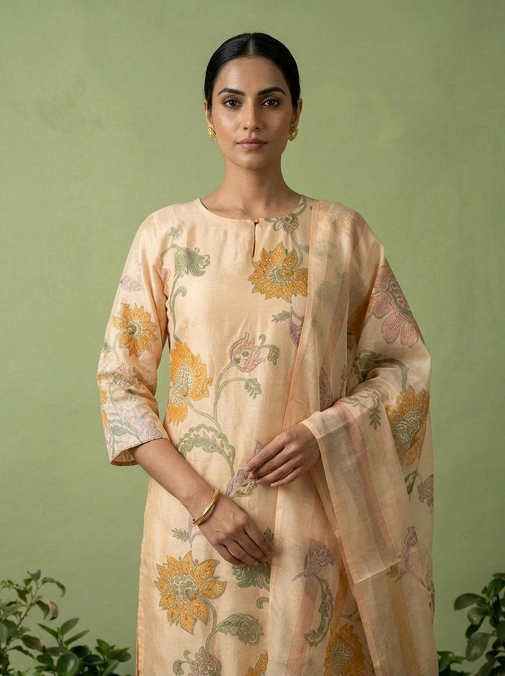 Cream Silk Floral Printed Three Piece Set