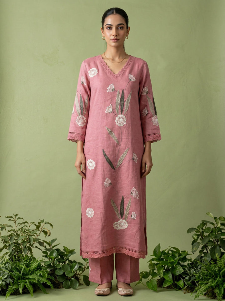 Onion Pink Linen Floral Thread Embroidered Two Piece Set
