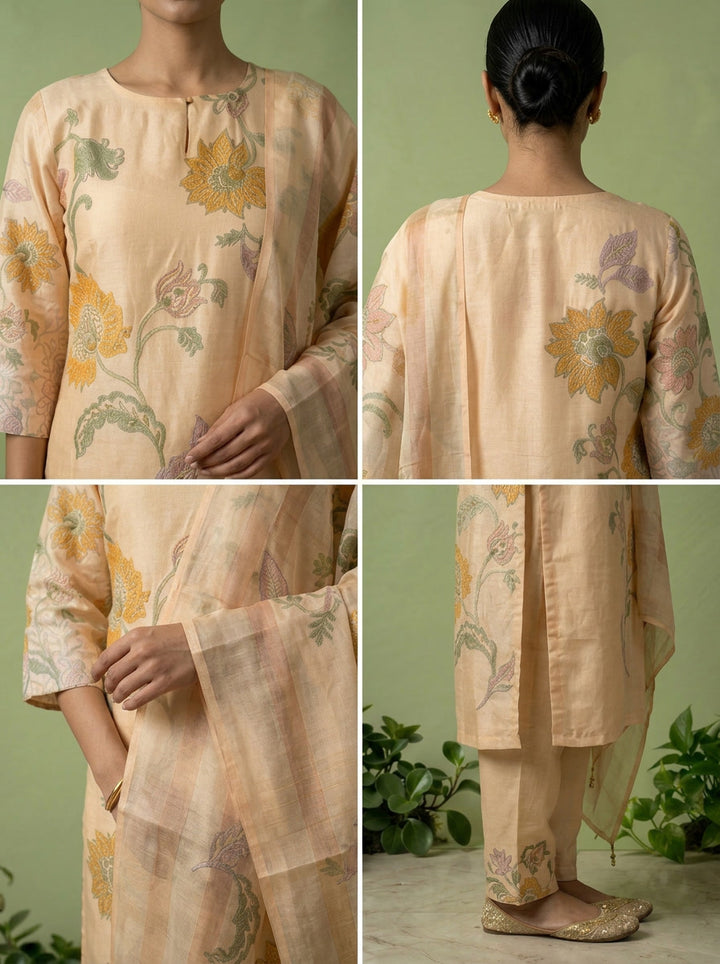 Cream Silk Floral Printed Three Piece Set