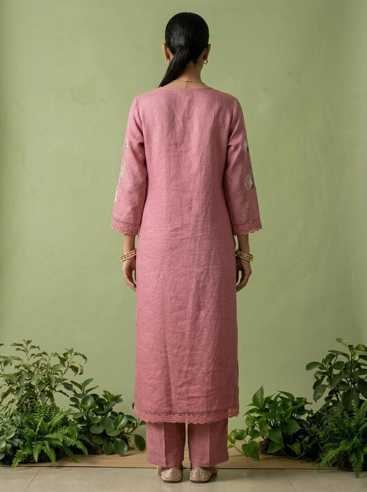 Onion Pink Linen Floral Thread Embroidered Two Piece Set