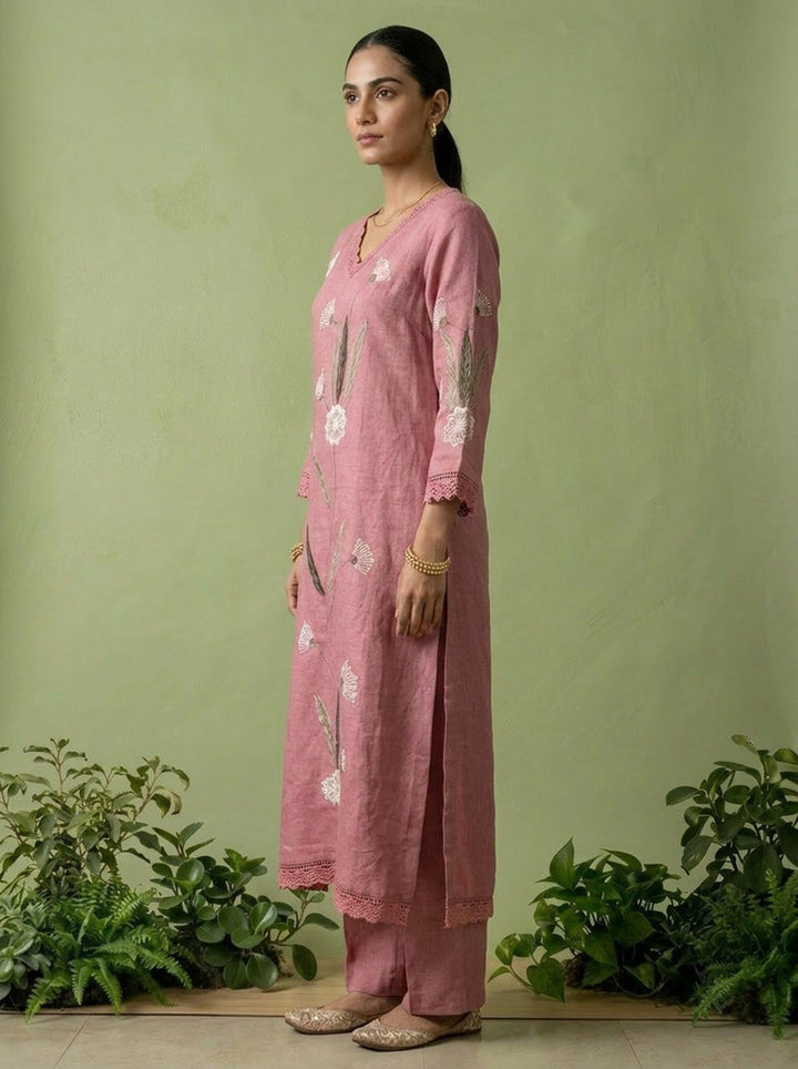 Onion Pink Linen Floral Thread Embroidered Two Piece Set