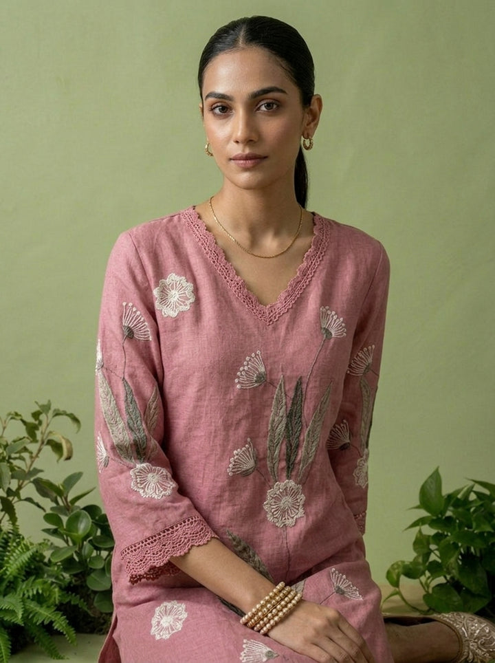Onion Pink Linen Floral Thread Embroidered Two Piece Set