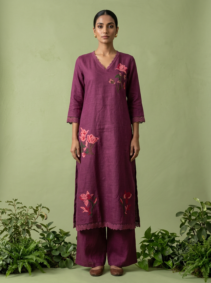 Purple Linen Thread Embroidered Two Piece Set
